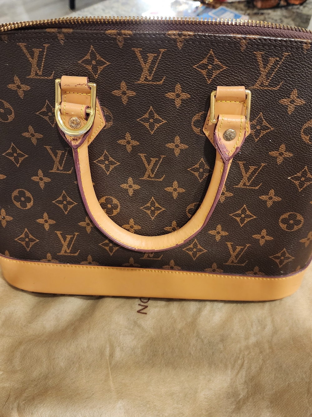 Source Unknown Brown Monogram Satchel with Natural Trim